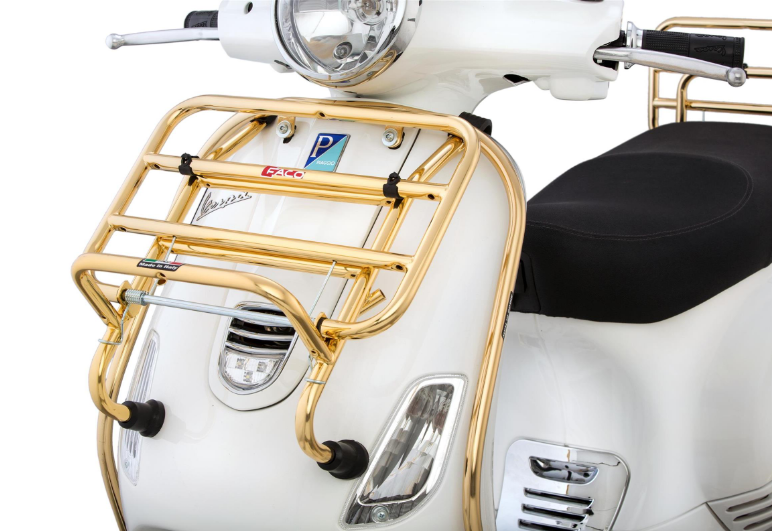 Portapacchi anteriore per Vespa LX/LXV 50-150cc, pieghevole, oro