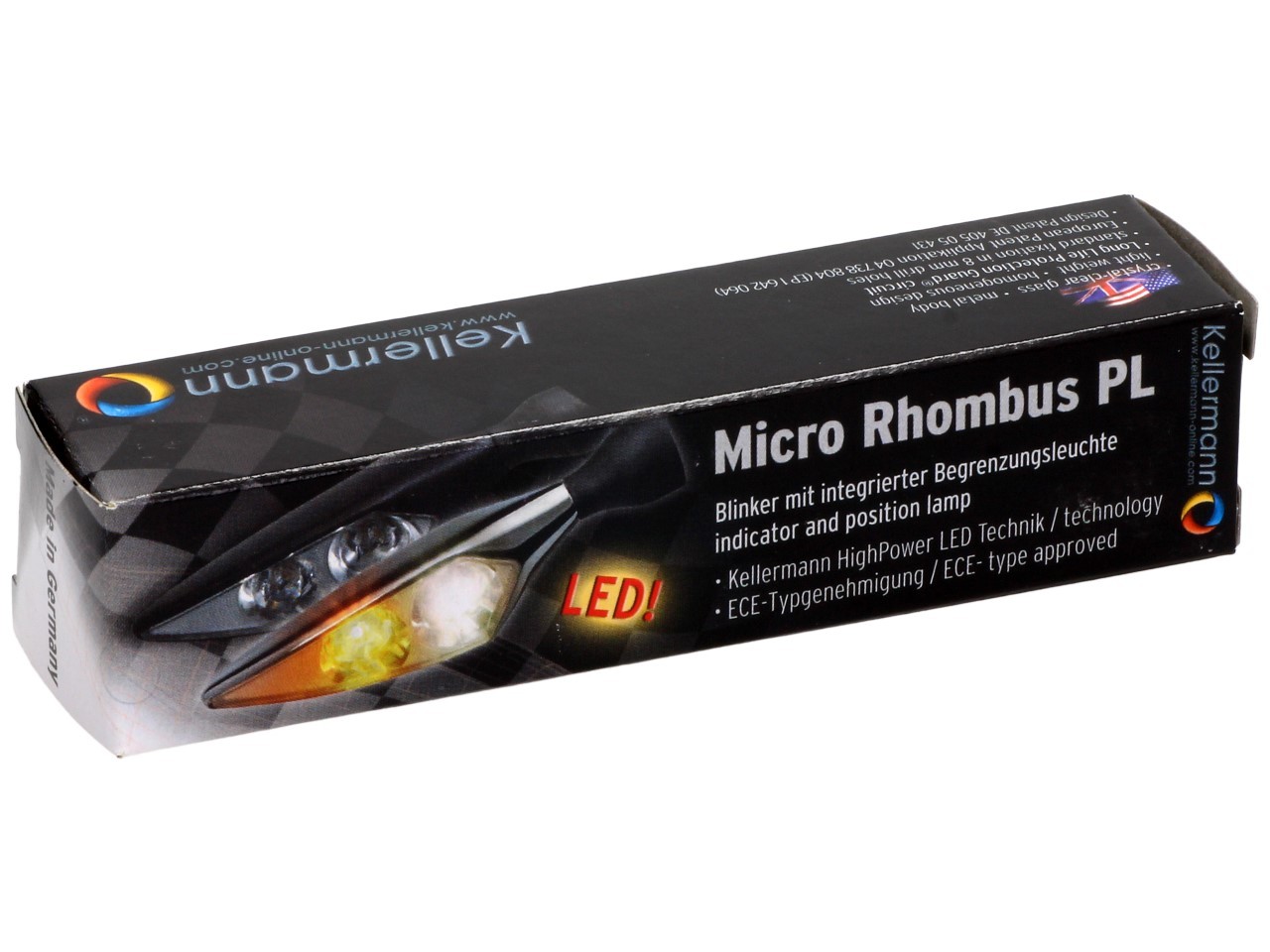 Indicatore Kellermann, rombo PL, acciaio, LED, anteriore destro, 12 V, nero satinato, omologazione E