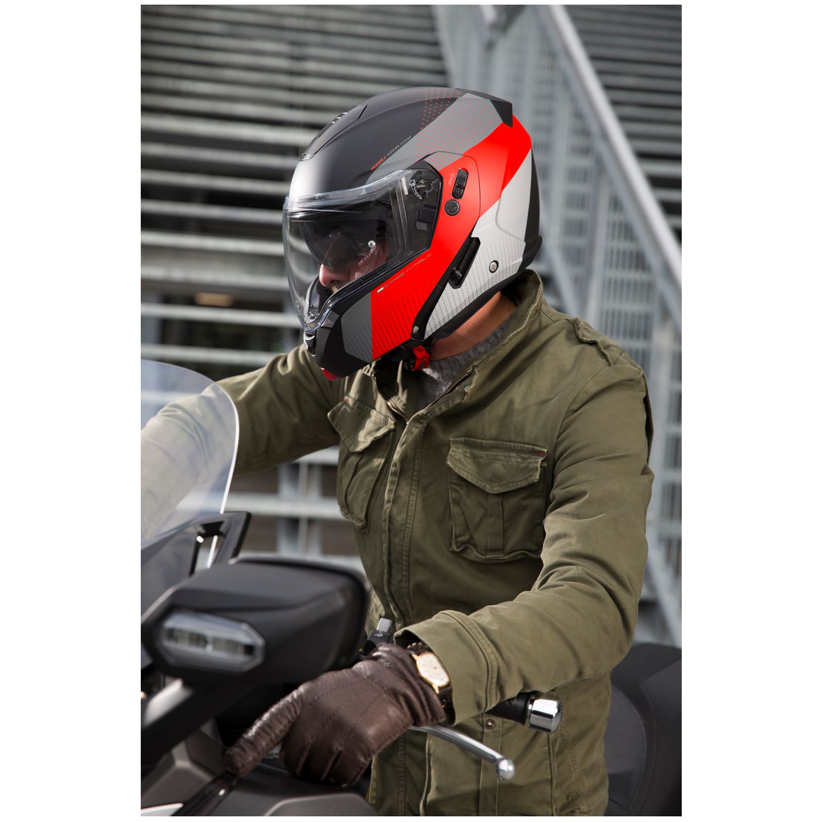 Casco Caberg Horus Scout, nero opaco/rosso-grigio fluo
