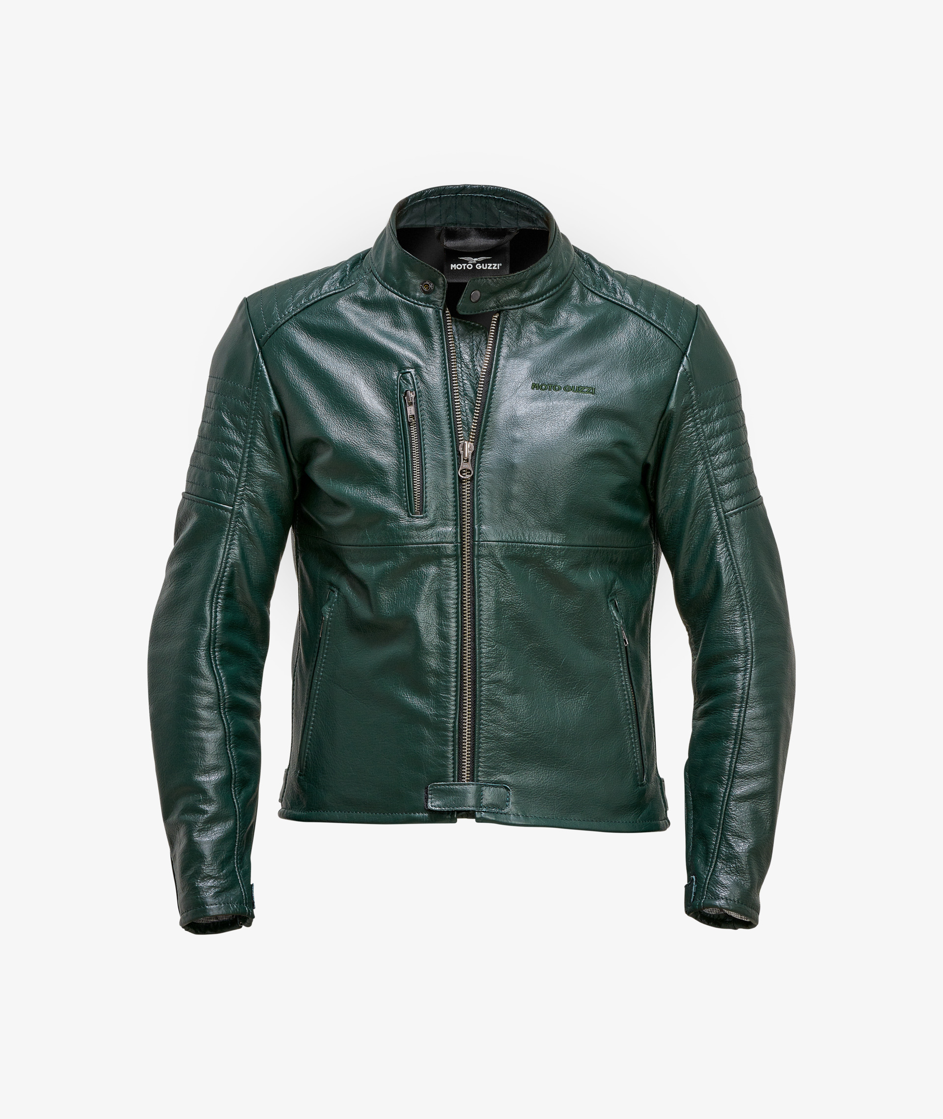 Giacca in pelle Moto Guzzi verde con protezioni incluse