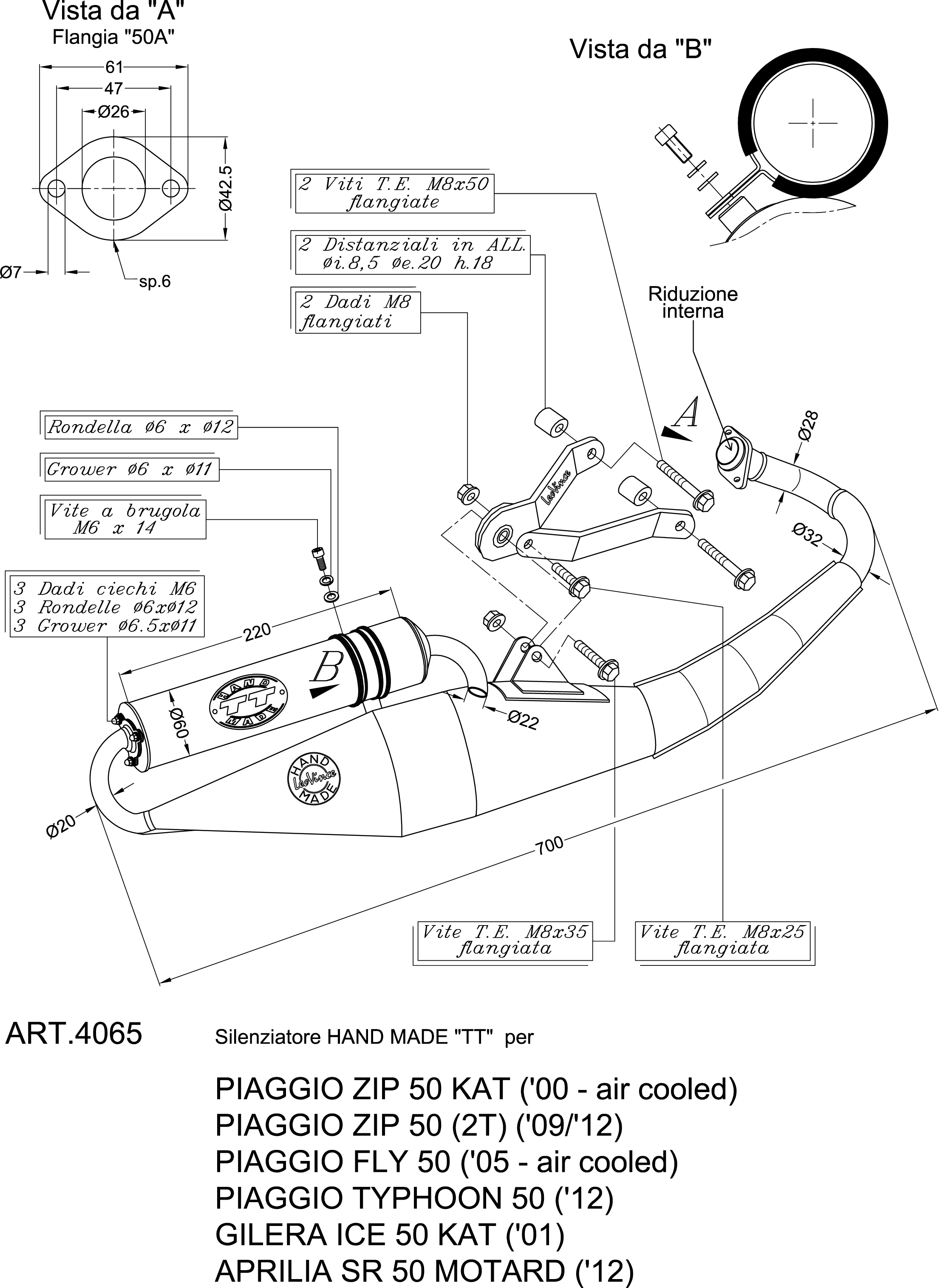Impianto di scarico LeoVince Hand Made TT, acciaio, impianto completo per Aprilia / Piaggio