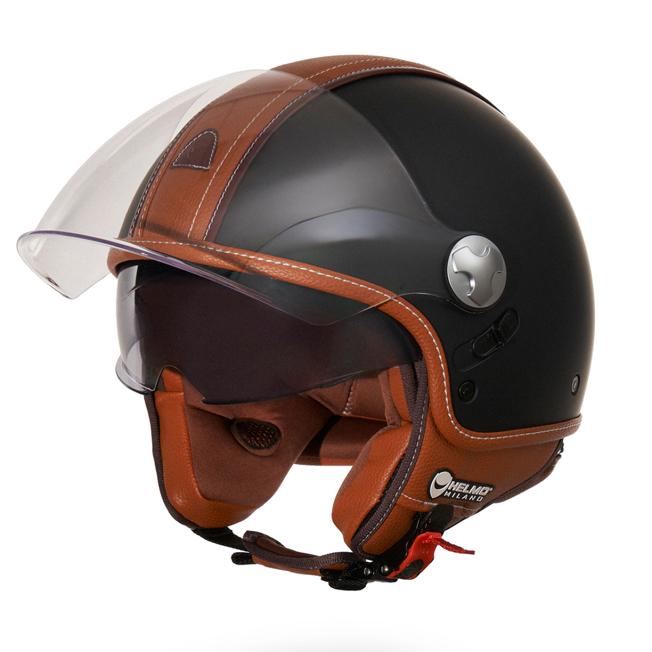 Helmo Milano Demi Jet PelleDura Premium nero opaco con ecopelle marrone