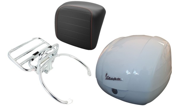 Kit bauletto 36L bianco, portapacchi cromato, cuscino posteriore nero con cuciture arancioni per Vespa GTS