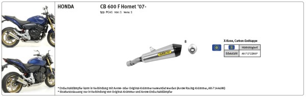 ARROW Auspuff X-KONE für Honda CB600F Hornet / CBR600F 2007-2013, Edelstahl