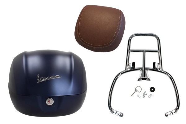 Kit bauletto 32L blu profondo opaco (288/A), cuscino posteriore marrone scuro per Vespa Primavera