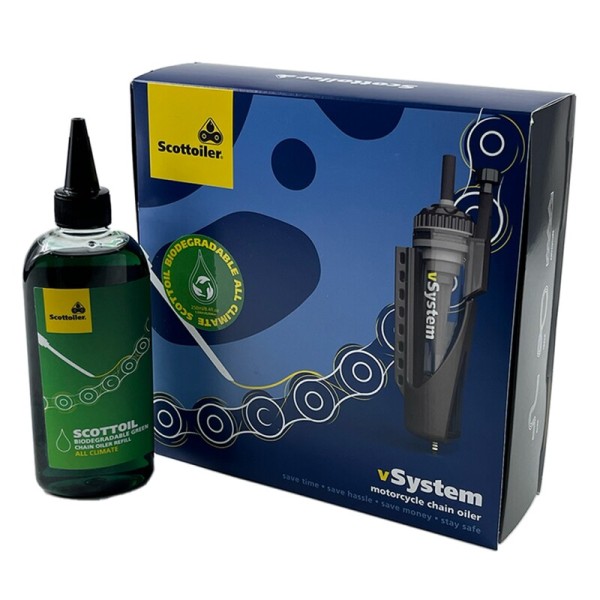 Oliatore per catene Scottoiler vSystem Universal Edition + lubrificante ecologico biodegradabile