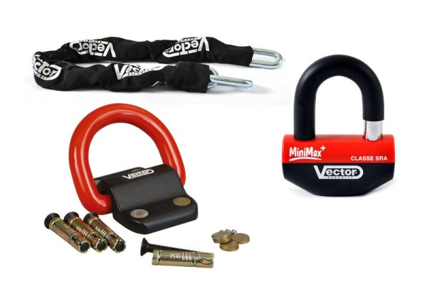 Set antifurto VECTOR con catena da 1,30 m + protezione antifurto MiniMax+/serratura a disco + ancora a terra C
