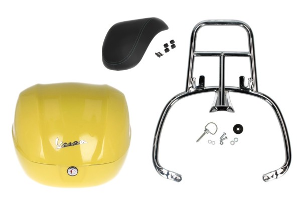 Kit bauletto 32L giallo (L08), cuscino posteriore nero per Vespa Primavera