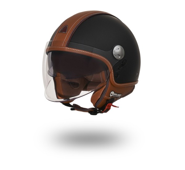 Helmo Milano Demi Jet PelleDura Premium nero opaco con ecopelle marrone
