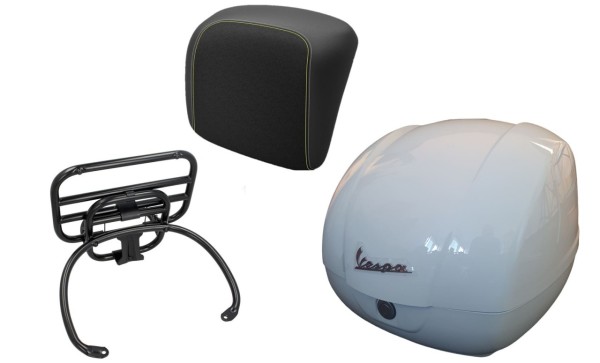 Kit bauletto 36L bianco, portapacchi nero, cuscino posteriore nero con cuciture gialle per Vespa GTS