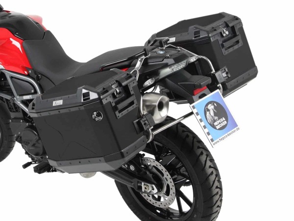 Set di portavaligie Cutout in acciaio inox con set di portavaligie Xplorer Cutout nero per BMW F 800 GS